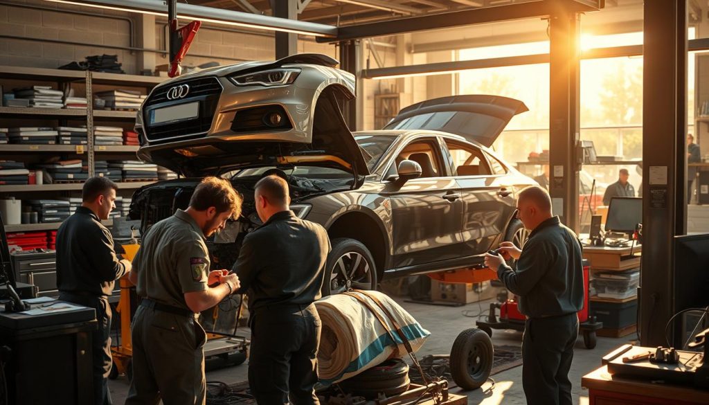 A bustling auto repair shop in warm afternoon light, mechanics toiling over a vehicle on a lift, tools and parts scattered around, focused expressions on their faces as they work to restore the car to pristine condition. In the background, a neatly organized parts shelving system and a computer monitor displaying repair information. The overall atmosphere conveys a sense of organized chaos, efficiency, and the dedicated effort required to ensure timely and quality collision repairs.