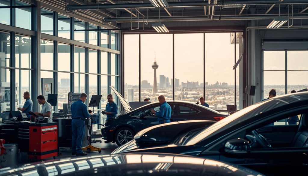 A bustling collision center, with a well-organized repair bay in the foreground. Technicians in blue overalls meticulously examine a dented fender, surrounded by a variety of tools and equipment. In the middle ground, a sleek, modern reception area with glass walls and a warm, welcoming ambiance. The background features a panoramic view of the San Antonio cityscape, with the iconic Tower of the Americas visible in the distance. The lighting is a combination of natural sunlight streaming through the windows and crisp, industrial-style overhead lamps, creating a harmonious blend of professional efficiency and customer-centric design.