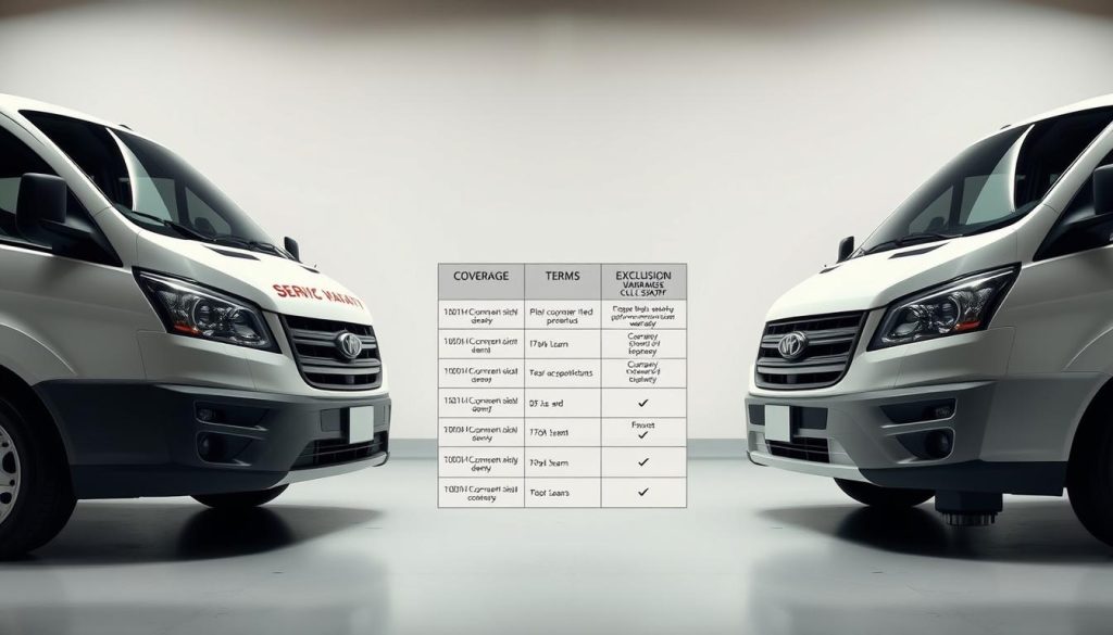 A detailed comparison of warranty coverage for collision repair shops, showcased in a sleek and professional layout. The foreground features two service vehicles side-by-side, their distinctive features and branding clearly visible. The middle ground displays a neatly organized table highlighting the key warranty details, such as coverage duration, terms, and exclusions. The background maintains a clean, minimalist aesthetic with a subtle gradient or texture, allowing the warranty information to take center stage. Soft, even lighting illuminates the scene, creating a sense of clarity and authority. The overall composition conveys a sense of informed decision-making, guiding the viewer to easily compare and contrast the warranty offerings of different collision repair providers.