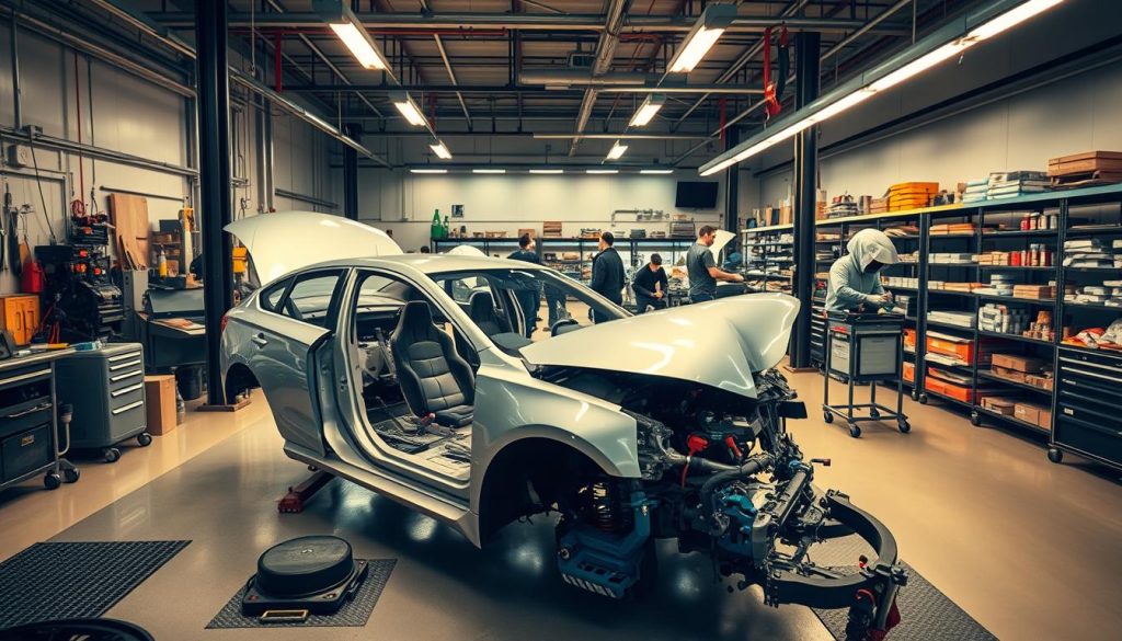 A modern auto body shop interior with an array of specialized tools, equipment, and workstations. The foreground showcases a well-lit service bay with a gleaming, partially disassembled vehicle undergoing meticulous repairs. The middle ground features a team of skilled technicians carefully inspecting and servicing various components. The background depicts a clean, organized workspace with neatly arranged shelves of replacement parts and supplies. The lighting is warm and diffused, creating a professional, efficient atmosphere. The overall scene conveys a comprehensive, high-quality collision repair service capable of restoring vehicles to their pre-accident condition.