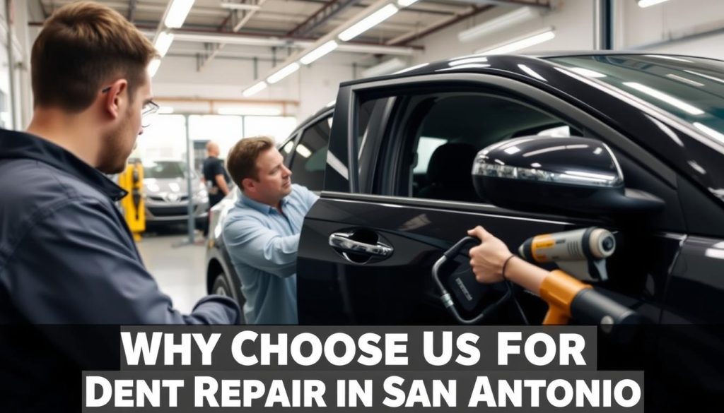 A modern auto repair shop with a well-equipped dent repair bay. In the foreground, a technician carefully examining a car's door, assessing the damage. The middle ground shows various specialized tools and equipment used for paintless dent repair, including a dent puller and heat gun. The background features clean, bright lighting, conveying a professional and welcoming atmosphere. The overall scene exudes a sense of expertise, efficiency, and customer-centric service, perfectly capturing the essence of "Why Choose Us for Dent Repair in San Antonio".