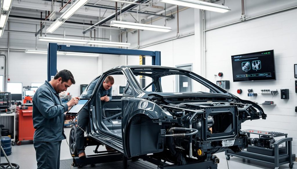 A modern auto repair shop with bright, natural lighting illuminating the clean, well-organized workspace. In the foreground, skilled technicians meticulously examine and measure a car's damaged frame using advanced digital tools and equipment. The middle ground showcases the latest frame straightening and welding technologies, ensuring precision and structural integrity. In the background, a wall-mounted display highlights the state-of-the-art safety testing procedures performed to ensure the repaired frame meets the highest standards. An atmosphere of professionalism, attention to detail, and commitment to customer safety permeates the scene.