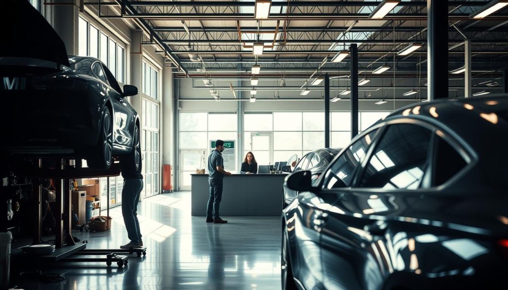A modern automotive repair workshop, filled with natural light streaming through large windows. In the foreground, a car on a lift, mechanics working diligently, their tools and parts neatly organized. In the middle ground, a customer service desk with a friendly representative assisting a client. In the background, rows of freshly repaired vehicles awaiting delivery, their glossy finishes reflecting the crisp, clean atmosphere. The lighting is warm and even, casting a professional, trustworthy ambiance. The overall scene conveys efficiency, transparency, and a commitment to quality craftsmanship - the essence of a reliable collision repair process.