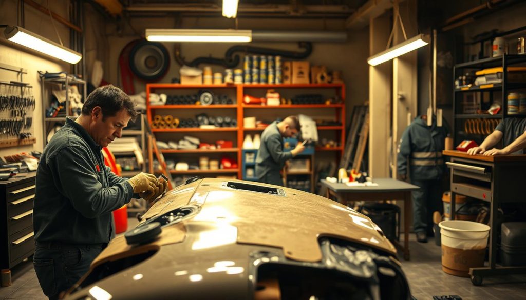 A well-lit workshop setting with an array of tools and equipment. In the foreground, a skilled technician meticulously sanding down the damaged bodywork of a vehicle, revealing the underlying structure. In the middle ground, another technician carefully applying a fresh coat of paint, their brush strokes precise and even. In the background, shelves of spare parts and a paint mixing station, conveying the comprehensive nature of the repair process. The lighting is warm and focused, casting subtle shadows that accentuate the textures and details of the scene. The overall atmosphere is one of professionalism, attention to detail, and a commitment to quality craftsmanship.