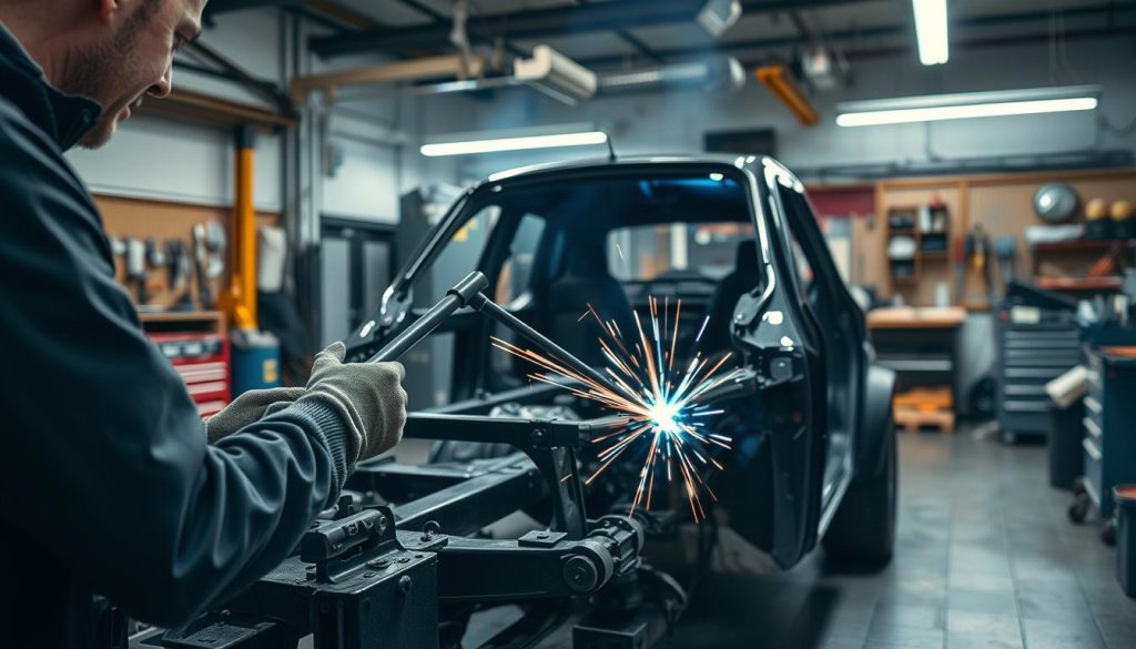 A well-lit workshop with a skilled technician carefully examining and repairing the frame of a vehicle, ensuring its structural integrity and safety after an accident. The foreground features the technician's hands meticulously aligning and welding the frame components, while the middle ground showcases the vehicle's chassis undergoing the repair process. The background depicts the organized workspace of a reputable frame repair shop in San Antonio, Texas, with various tools and equipment visible, conveying a sense of expertise and professionalism. The overall atmosphere is one of precision, care, and a commitment to restoring the vehicle to its pre-accident condition, prioritizing the safety and well-being of the customer.