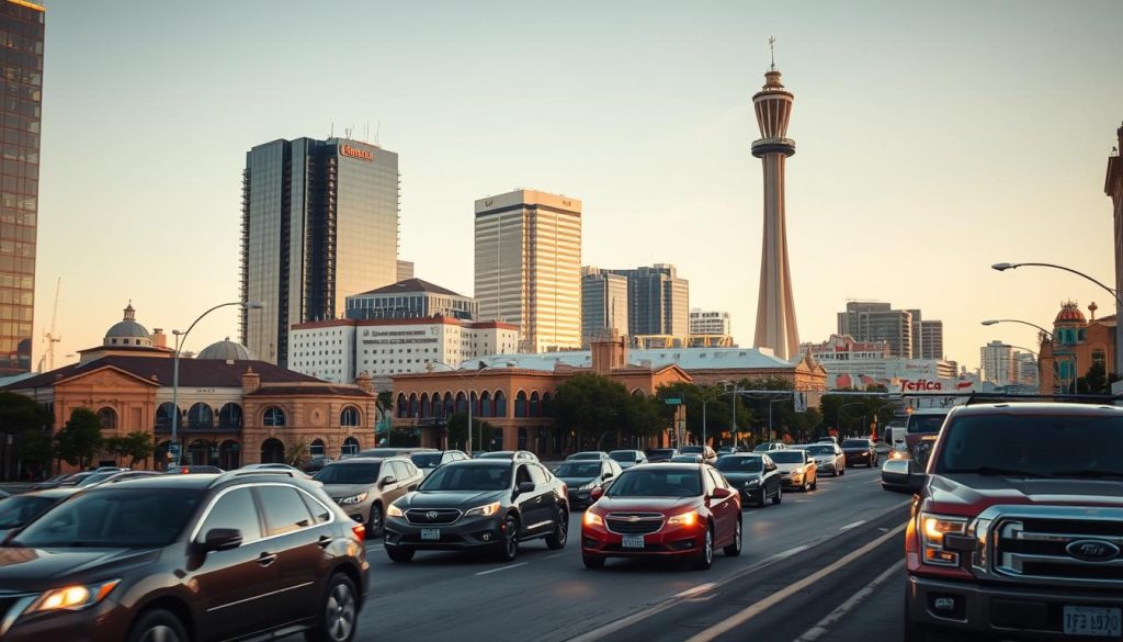 A bustling urban street in San Antonio, Texas, captured under the warm glow of the evening sun. In the foreground, a variety of vehicles - sedans, pickup trucks, and SUVs - navigate the winding road, their headlights illuminating the scene. The middle ground features a mix of modern high-rise buildings and historic Spanish-style architecture, creating a dynamic skyline. In the background, the iconic silhouette of the Tower of the Americas stands tall, its observation deck offering a panoramic view of the city. The overall atmosphere conveys the vibrant and fast-paced nature of San Antonio's traffic, where accidents can happen at any moment.