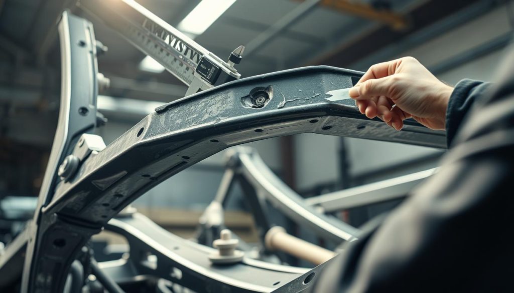 A detailed, close-up examination of a vehicle's frame after a major collision. The frame is carefully inspected under bright, directional lighting, revealing bends, cracks, and other deformations. The inspection is carried out with precision tools, such as calipers and straightedges, to accurately measure the extent of the damage. The frame's structural integrity is assessed from multiple angles, captured through a series of detailed photographs. The mood is one of professional diligence, as the inspector methodically documents the frame's condition to determine the necessary repair or replacement steps.