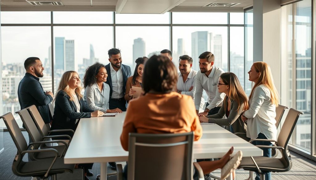A diverse group of professionals working cohesively as a team in a modern, well-lit office setting. In the foreground, colleagues of varying ages and ethnicities are engaged in a lively discussion, their expressions conveying a sense of collaboration and camaraderie. The middle ground features a sleek, minimalist conference table surrounded by ergonomic chairs, while the background showcases floor-to-ceiling windows offering a panoramic view of the San Antonio skyline. The overall atmosphere exudes a palpable feeling of productivity, trust, and a shared commitment to excellence.