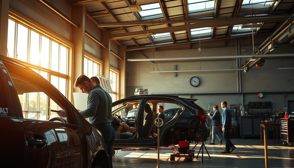 A modern auto body shop interior, flooded with warm, natural lighting filtering through large windows. In the foreground, a technician carefully inspects a damaged vehicle, meticulously noting the areas that require repair. The middle ground showcases the step-by-step process, with workers skillfully disassembling, replacing, and realigning the vehicle's panels and frame. In the background, an array of state-of-the-art equipment and tools are neatly organized, ready to restore the vehicle to its former glory. The atmosphere exudes professionalism, efficiency, and a relentless commitment to quality craftsmanship.