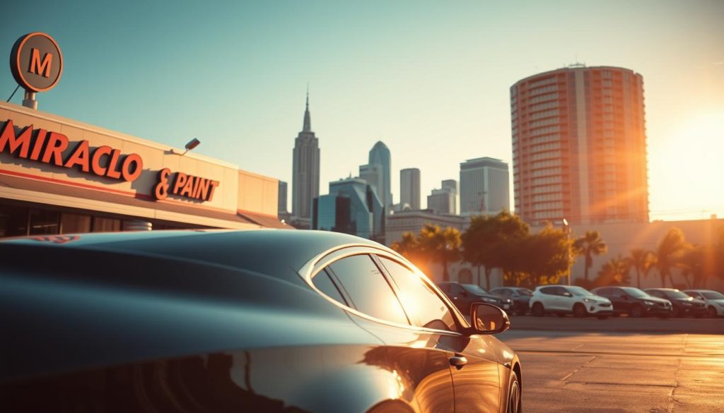 A modern, well-equipped San Antonio auto repair shop nestled in a vibrant urban landscape. In the foreground, a gleaming sedan, its freshly polished exterior reflecting the warm, golden sunlight. The middle ground features the shop's signage and storefront, with large windows showcasing the latest car models. In the background, the iconic skyline of San Antonio rises, its distinctive architecture and towering skyscrapers creating a dynamic, metropolitan backdrop. The lighting is soft and natural, casting long shadows and highlighting the vibrant colors of the scene. The overall mood is one of professionalism, expertise, and the reliable, high-quality service that Miracle Body and Paint is known for in the San Antonio community.