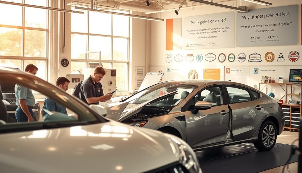 A modern, well-equipped San Antonio collision center, bathed in warm, natural lighting from large windows. In the foreground, a team of skilled technicians meticulously inspecting a recently repaired vehicle, examining the flawless paintwork and alignment under the keen eye of a manager. The middle ground showcases the facility's state-of-the-art equipment, including advanced diagnostic tools and a high-tech paint booth. In the background, a display of customer testimonials and certifications highlights the center's commitment to quality and customer satisfaction. The overall atmosphere exudes professionalism, attention to detail, and a customer-centric approach, inviting the viewer to trust this establishment for their accident repair needs.