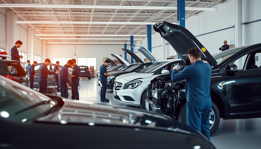 A modern, well-equipped collision center with a spacious, well-lit interior. In the foreground, a team of skilled technicians meticulously inspecting and repairing a damaged vehicle, using state-of-the-art tools and equipment. The middle ground features a clean, organized workspace, with racks of spare parts and supplies. In the background, a row of freshly repaired and detailed vehicles, ready to be returned to their owners. The overall atmosphere conveys a sense of professionalism, efficiency, and a commitment to excellence in collision repair.