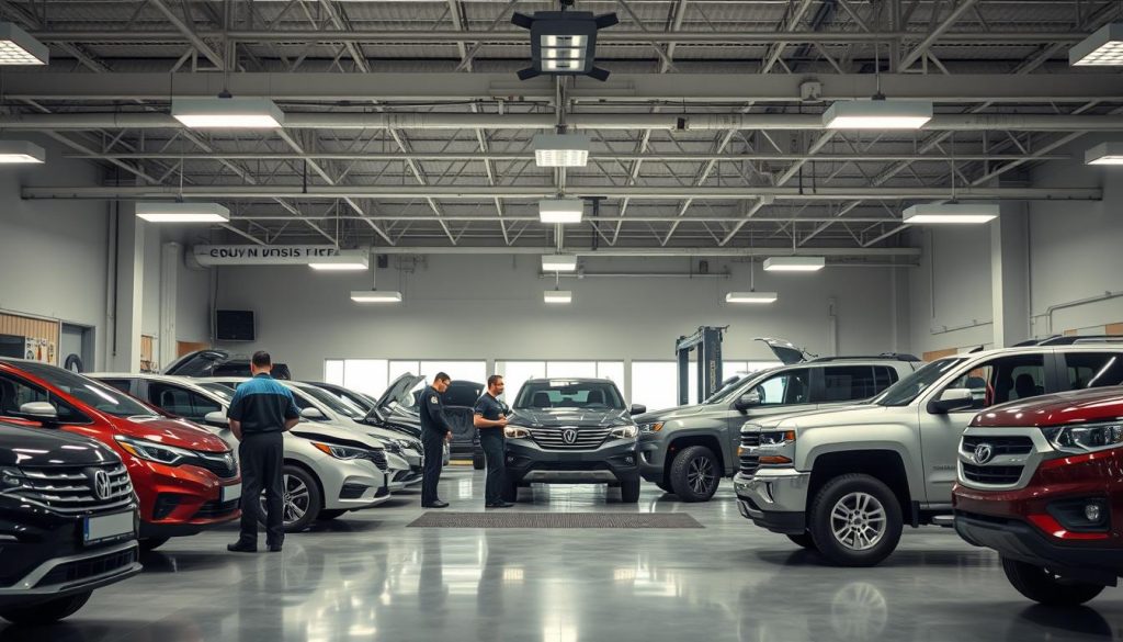 A modern, well-equipped comprehensive collision center with a spacious, well-lit interior. In the foreground, a team of skilled technicians carefully inspecting a variety of vehicles, including sedans, SUVs, and pickup trucks, ensuring comprehensive repair services. The middle ground features a state-of-the-art repair bay with advanced diagnostic equipment and tools, conveying the center's commitment to high-quality, efficient repairs. In the background, a clean, organized storage area showcases the extensive inventory of genuine OEM parts, ready to be used in the restoration of each vehicle, regardless of make or model.