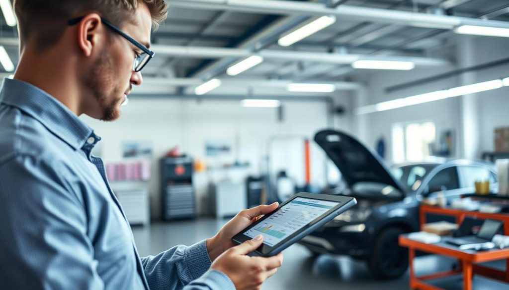A modern, well-lit auto body shop interior with a customer reviewing vehicle estimates on a tablet. The foreground features a customer wearing business casual attire, intently focused on the tablet screen. The middle ground showcases an orderly work area with tools, paint samples, and a car in the background. Soft, directional lighting illuminates the scene, creating a professional, yet inviting atmosphere. The overall composition conveys an efficient, customer-centric process for estimating auto body repairs.