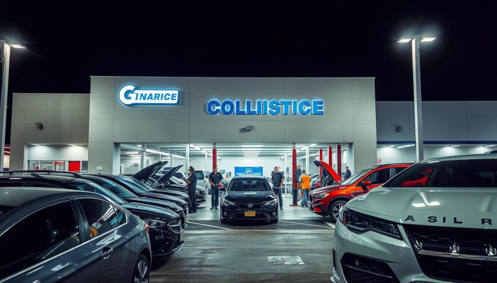 A modern, well-lit collision center in San Antonio, with a sleek, professional exterior. The foreground features several parked vehicles in various stages of repair, while in the middle ground, technicians in uniforms work diligently on the cars. The background showcases the facility's signage, branding, and ample parking spaces. The lighting is bright and even, creating a sense of efficiency and attention to detail. The overall atmosphere conveys a trustworthy, customer-focused environment where drivers can feel confident in the quality of the repairs.