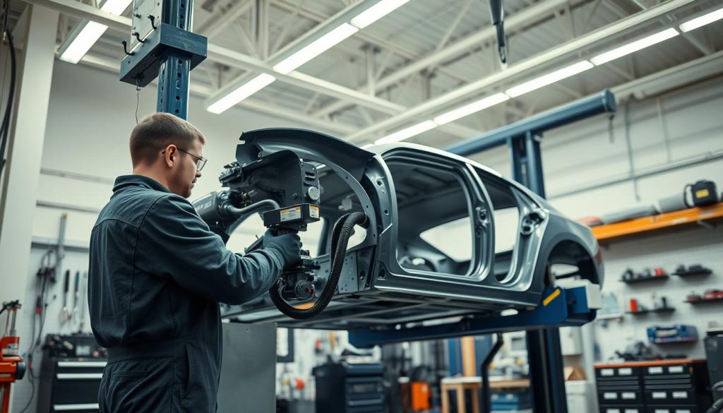 A neatly organized auto repair shop, with a car's frame being carefully straightened on a specialized hydraulic press. The technician, wearing a protective uniform, meticulously adjusts the controls, ensuring the frame is restored to its original shape. Bright overhead lighting illuminates the scene, casting a clean, professional atmosphere. The background features various tools and equipment, hinting at the expertise required for this delicate process. The composition emphasizes the intricate mechanics and attention to detail necessary for effective frame straightening, a critical step in the vehicle repair process.
