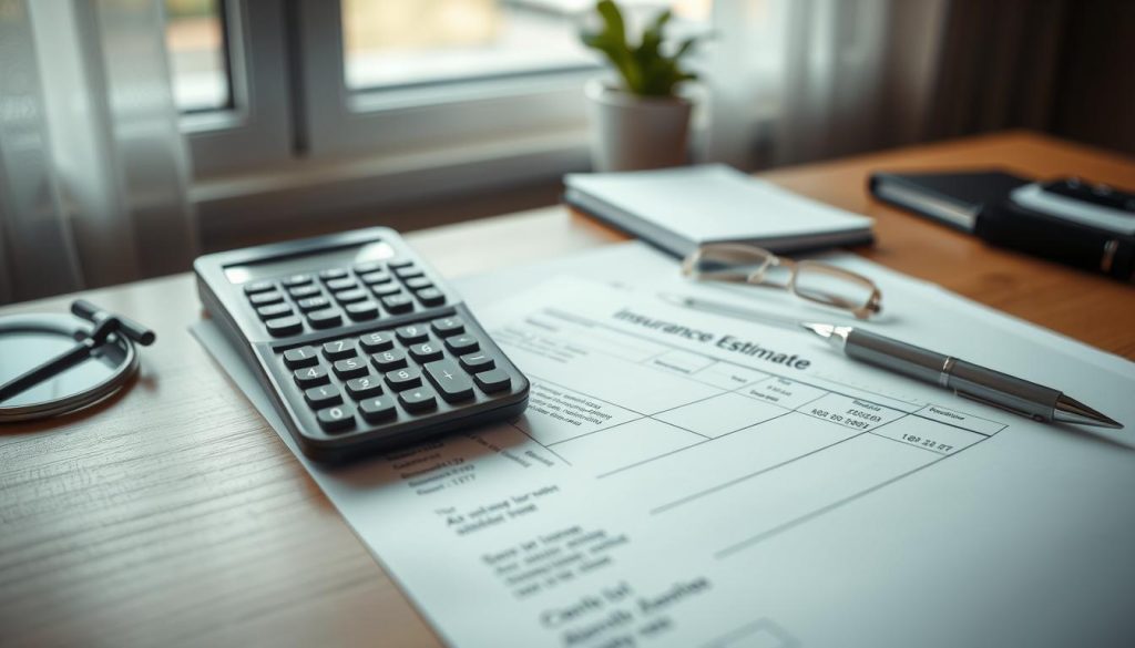 A neatly organized desk with an insurance estimate form, a calculator, and a pen. The form is filled out with precise details, indicating a professional and diligent process. Soft, natural lighting from a window illuminates the scene, creating a warm and inviting atmosphere. The background is blurred, keeping the focus on the important paperwork and tools. The image conveys a sense of efficiency, attention to detail, and the care taken in handling the insurance claim process.