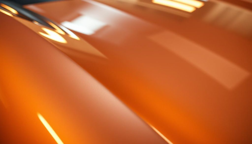A precisely applied automotive paint job, gleaming under warm, directional lighting. The surface is smooth, free of any visible imperfections or flaws, with a deep, mirror-like finish that reflects the surrounding environment. In the foreground, a meticulously blended paint transition seamlessly matches the original factory color, indistinguishable from the untouched areas. The lighting emphasizes the clarity and uniformity of the paint, conveying a sense of quality craftsmanship and attention to detail. The overall composition suggests a level of precision and care that inspires confidence in the collision repair process.