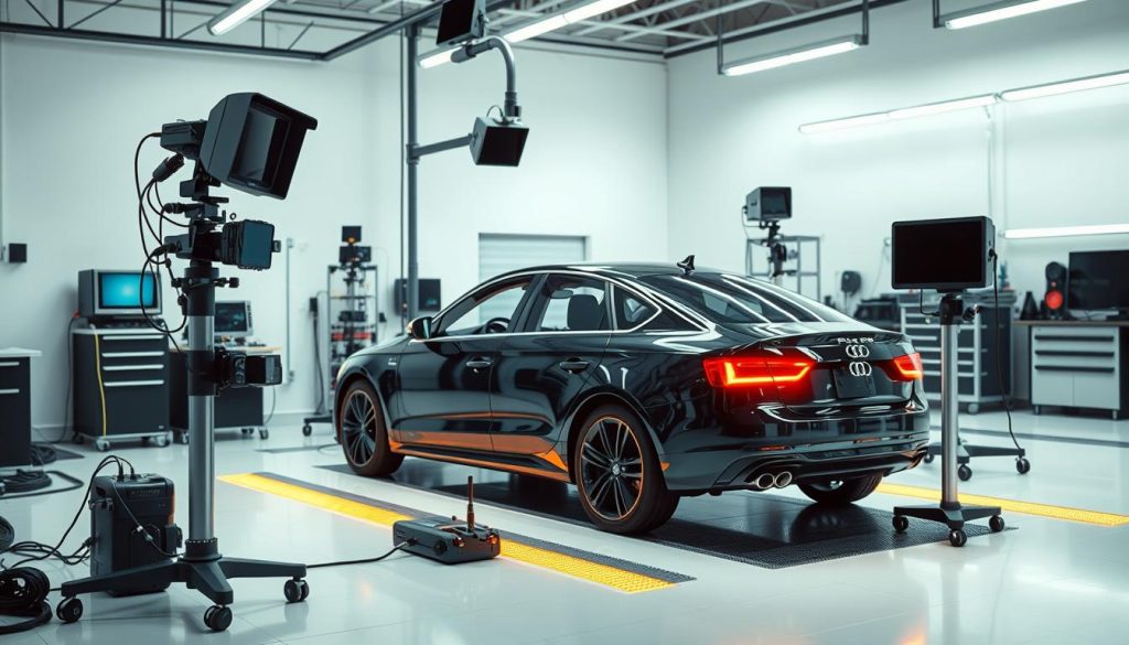 A precision calibration workstation in a state-of-the-art automotive repair shop. Bright, clean lighting illuminates a sleek, modern setup of specialized equipment: high-resolution cameras, laser sensors, and diagnostic tools arranged with meticulous care. In the foreground, a vehicle's ADAS (Advanced Driver Assistance Systems) components are carefully aligned and measured against manufacturer specifications, ensuring perfect calibration for enhanced safety and performance. The backdrop is a pristine, minimalist environment, emphasizing the importance of accuracy and attention to detail in this critical process. An atmosphere of technological proficiency and unwavering dedication to quality permeates the scene.