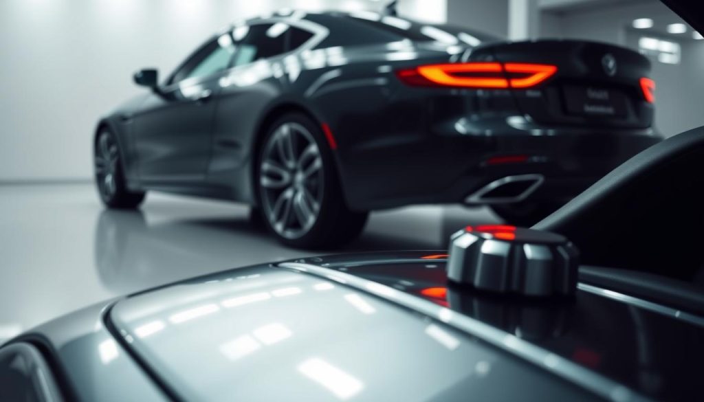 A sleek, modern automobile surrounded by a comprehensive warranty package. In the foreground, a close-up of a shiny car part, perhaps a gearshift or taillight, symbolizing the intricate details covered. The middle ground showcases the car itself, captured from a low angle to emphasize its power and presence. In the background, a clean, minimalist environment with subtle lighting, creating a sense of security and reassurance. The overall mood is one of confidence and trust, reflecting the importance of a robust collision repair warranty for every driver.