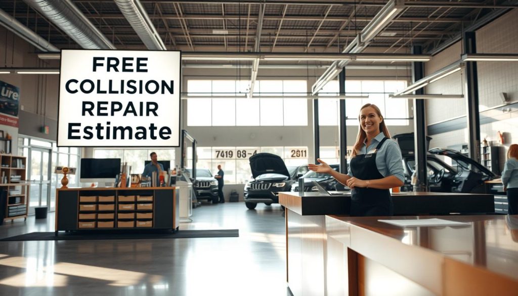 A spacious auto body shop interior, with a well-lit reception area showcasing a large, modern sign that reads "Free Collision Repair Estimate". In the foreground, a friendly customer service representative stands ready to assist, gesturing towards a nearby counter with brochures and forms. The middle ground features a neatly organized workspace, with mechanics in the background tending to vehicles. Soft natural lighting filters through large windows, creating a warm and inviting atmosphere that conveys the shop's professionalism and commitment to providing quality service. The overall scene suggests a welcoming, efficient, and trustworthy environment for San Antonio residents to receive their free collision repair estimates.