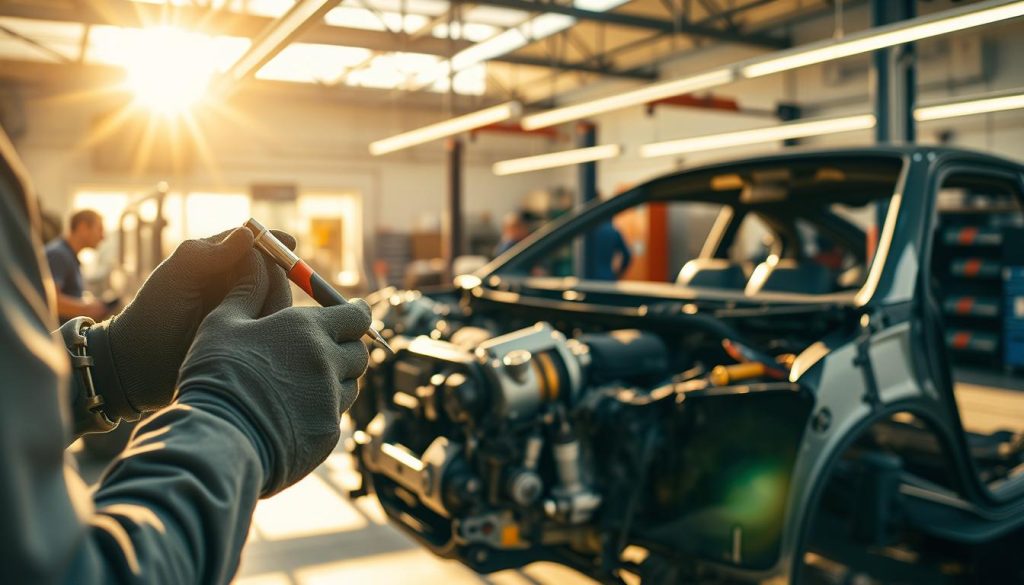 A sun-dappled body shop interior, with a skilled technician meticulously repairing a customer's vehicle. The foreground showcases the technician's hands, wielding precision tools as they carefully assess the damage and plan the repair process. The middle ground features the partially disassembled vehicle, its exposed components revealing the intricate workings beneath the surface. In the background, the well-organized workshop bustles with activity, a testament to the team's dedication to delivering a seamless customer experience. Warm lighting casts a soft glow, creating an atmosphere of professionalism and care. The scene conveys the attention to detail and customer-centric approach that sets this body shop apart.
