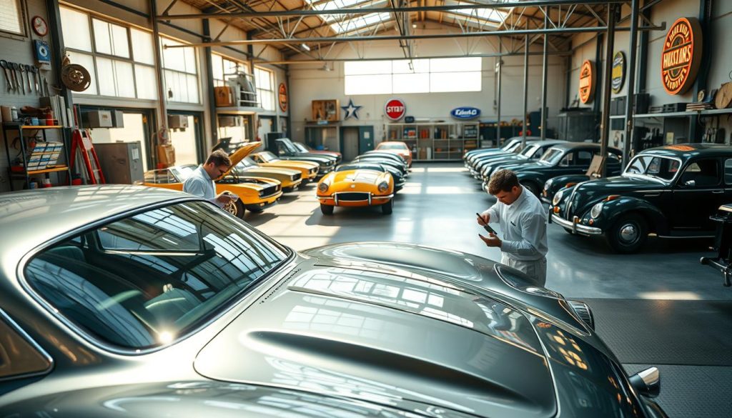 A sun-drenched auto shop in San Antonio, the heart of Texas car culture. In the foreground, a pristine sports car gleams under the warm light, its metallic paint precisely matched to the manufacturer's specifications. Skilled technicians, clad in crisp uniforms, carefully apply the paint, their brushstrokes seamless and precise. In the middle ground, rows of classic muscle cars await their turn, their weathered exteriors hinting at the meticulous restoration work to come. The background is a tapestry of hanging tools, shelves of paint cans, and the occasional burst of neon signage - a testament to the workshop's expertise and dedication to perfection. An atmosphere of quiet professionalism pervades the scene, reflecting the trusted techniques and proven results that define the best car paint services in San Antonio.