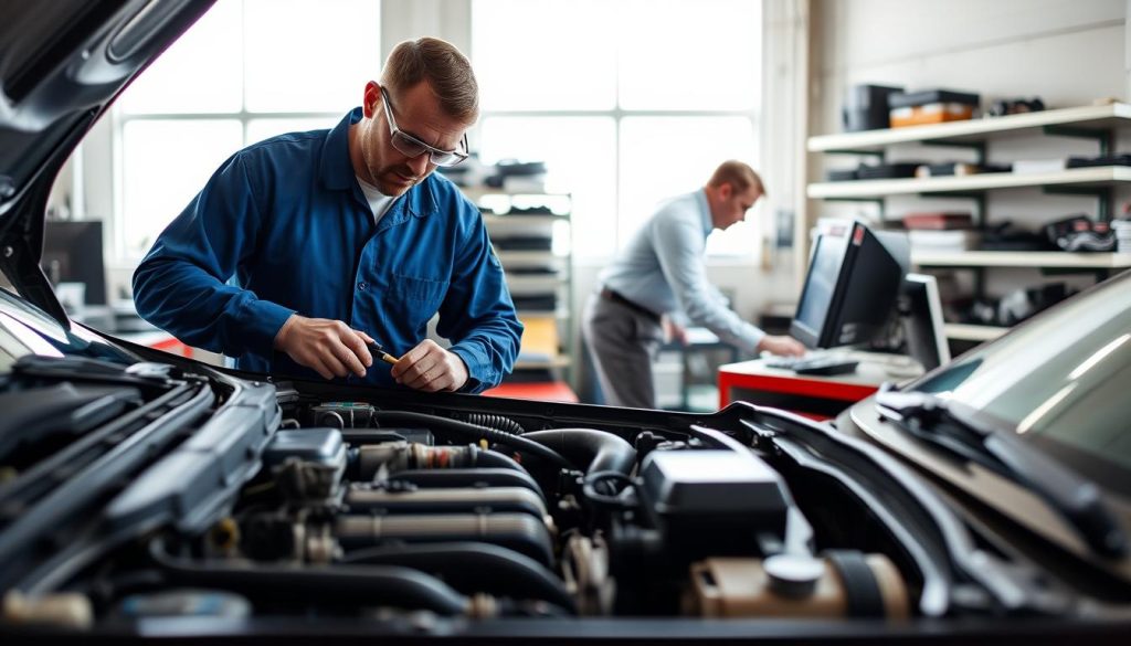 A team of skilled technicians diligently working in a well-equipped, bright San Antonio workshop. In the foreground, a technician in a blue jumpsuit and safety goggles intently examining the inner workings of a car engine using specialized tools. In the middle ground, another technician in a white shirt and grey pants leaning over a computer, analyzing diagnostic data. In the background, shelves lined with auto parts and tools, with large windows letting in natural light. The atmosphere conveys a sense of professionalism, efficiency, and a commitment to maximizing savings for customers without compromising quality.