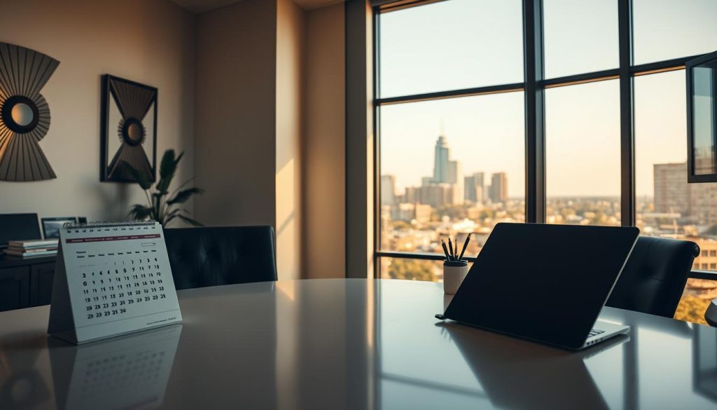 A well-appointed office interior in San Antonio, with a large desk featuring a sleek desktop calendar, a modern laptop, and a pen holder. The room is bathed in warm, natural lighting from a large window overlooking the city skyline. The walls are adorned with art deco-inspired wall decor, creating a professional yet inviting atmosphere. In the foreground, a clean and uncluttered desk surface, ready for a client to schedule their appointment at Miracle Body and Paint for collision repair services. The scene conveys a sense of efficiency, trust, and attention to detail, reflecting the high-quality service offered by the local business.