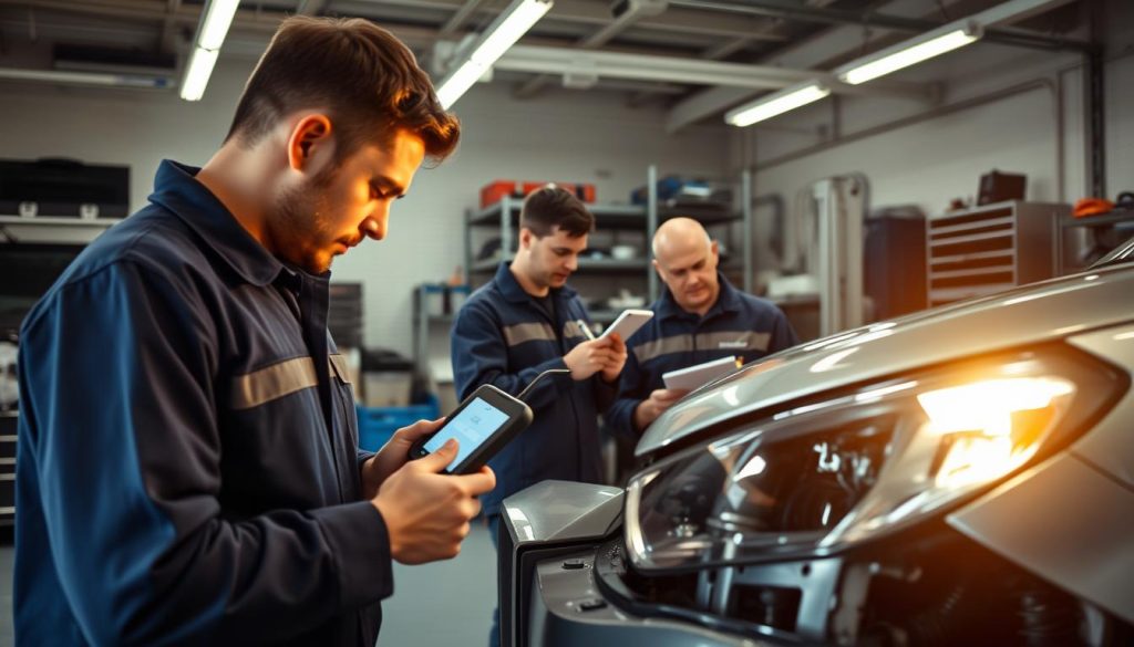 A well-equipped auto repair shop, with mechanics meticulously inspecting a vehicle after a collision. Bright, even lighting illuminates the scene, casting subtle shadows that accentuate the car's contours. In the foreground, a technician carefully examines the front bumper, using a digital diagnostic tool to assess the damage. In the middle ground, another worker inspects the suspension components, making notes on a tablet. In the background, shelves of specialized tools and equipment stand ready to aid in the thorough post-collision evaluation. The atmosphere conveys a sense of professionalism and attention to detail, underscoring the importance of comprehensive safety inspections for fleet vehicles.