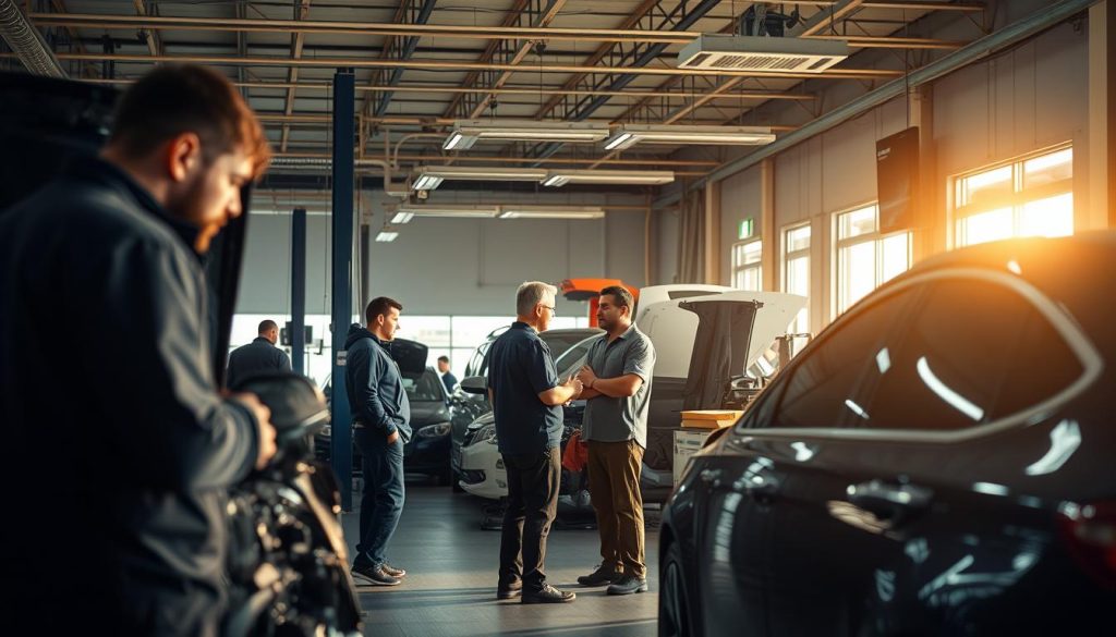A well-lit auto body shop in San Antonio, with technicians diligently working on a car in the foreground. In the middle ground, customers converse with the shop manager, discussing estimated turnaround time and status updates. The background showcases the shop's modern equipment and attention to detail. The lighting is warm and inviting, creating a sense of professionalism and reliability. The overall atmosphere conveys a commitment to efficient, transparent, and trustworthy service, reflecting the local community's needs.
