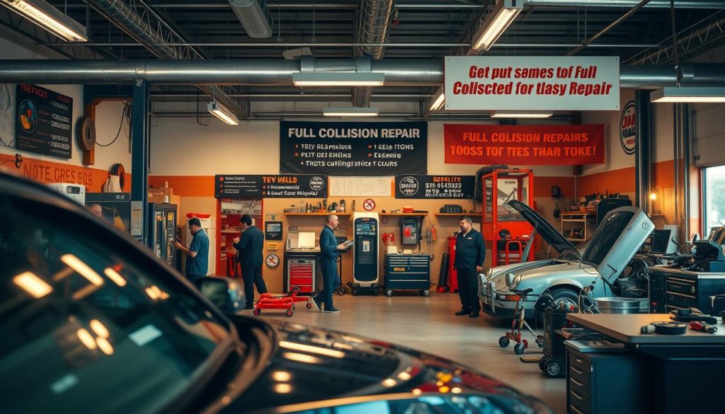 A well-lit, detailed automotive repair shop interior. In the foreground, a car being worked on by skilled technicians, tools and equipment neatly arranged. The middle ground showcases various repair services offered, from dent removal to full collision repair, displayed on informative signage. The background features an orderly workspace with a mix of modern and vintage equipment, conveying expertise and professionalism. Warm lighting casts a inviting glow, and the overall atmosphere exudes a sense of trustworthiness and customer-focused service.