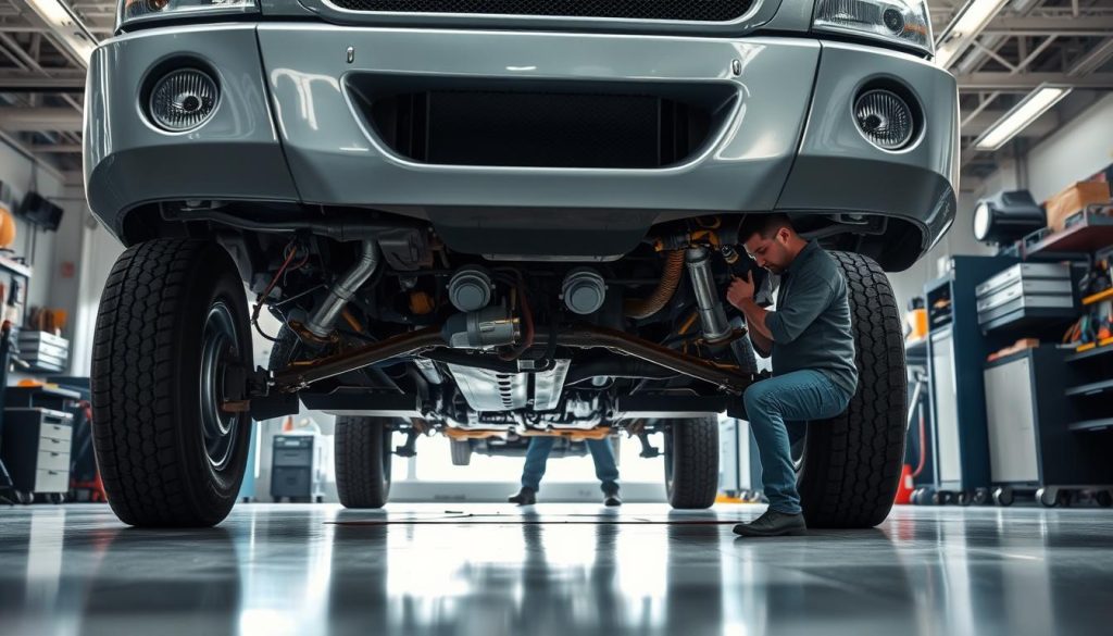 A well-lit, high-resolution image depicting the step-by-step process of a post-collision safety inspection on a fleet vehicle. The foreground shows a mechanic closely examining the vehicle's undercarriage, checking for any structural damage, leaks, or misaligned components. The middle ground features the mechanic inspecting the exterior, documenting any visible dents, cracks, or paint scuffs. In the background, the vehicle is positioned in a clean, modern auto repair shop with various tools and equipment visible, conveying a sense of professionalism and attention to detail. The lighting is bright and evenly distributed, casting subtle shadows that accentuate the vehicle's contours. The overall mood is one of focused, methodical assessment, emphasizing the importance of thorough post-collision inspections for fleet vehicle safety.