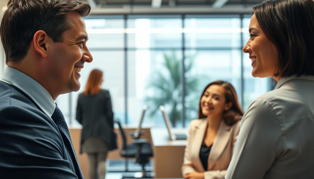 A well-lit, high-resolution photo of a professional customer service representative in a modern office setting. The foreground shows the representative, a friendly-looking person with a warm smile, wearing a collared shirt and tie, engaged in a polite conversation with a customer. The middle ground depicts the customer's side of the interaction, with the customer nodding and smiling in response. The background showcases the sleek, minimalist office design, with clean lines, neutral colors, and large windows letting in natural light. The overall scene conveys a sense of efficient, attentive, and personalized customer service.