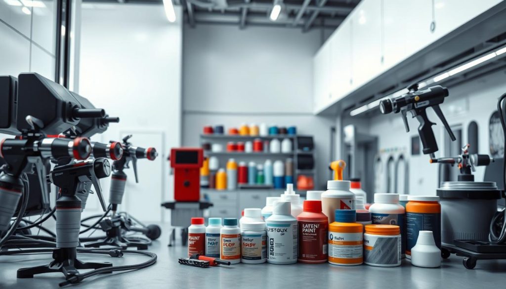 A well-lit, high-resolution photograph of an assortment of cutting-edge auto body and paint tools against a clean, modern background. In the foreground, precision spray guns, paint mixing machines, and digital color scanners are neatly arranged. In the middle ground, a selection of high-performance paint products and automotive finishes in a variety of colors are displayed. The background features a sleek, minimalist workshop setting with high ceilings, plenty of natural light, and a sense of professionalism and attention to detail. The overall mood is one of technological sophistication, quality craftsmanship, and a dedication to providing the best possible auto body and paint services.