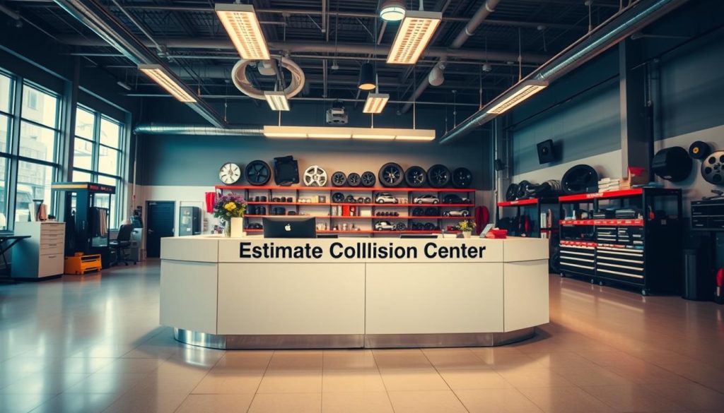 A well-lit, modern auto repair shop interior with a focal point on a customer service counter labeled "Estimate Collision Center". The counter is situated in a clean, organized space with car parts and tools neatly displayed on shelves in the background. The lighting is warm and inviting, creating a professional yet approachable atmosphere. The camera angle is slightly elevated, capturing the entire scene from a welcoming perspective. The overall mood conveys efficiency, trustworthiness, and a commitment to providing a seamless customer experience for requesting auto repair estimates.