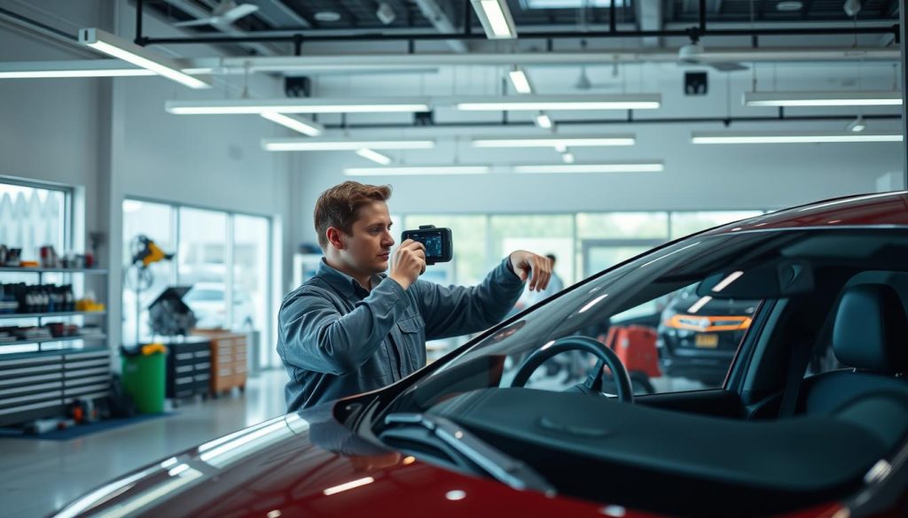 A well-lit, modern auto repair shop interior. In the foreground, a technician carefully aligns and calibrates the advanced driver-assistance system (ADAS) sensors on the front windshield of a vehicle, using specialized diagnostic tools. The middle ground features various automotive tools, equipment, and supplies neatly organized on shelves. The background showcases the sleek, contemporary design of the shop, with large windows allowing natural light to flood the space, creating a professional and inviting atmosphere.