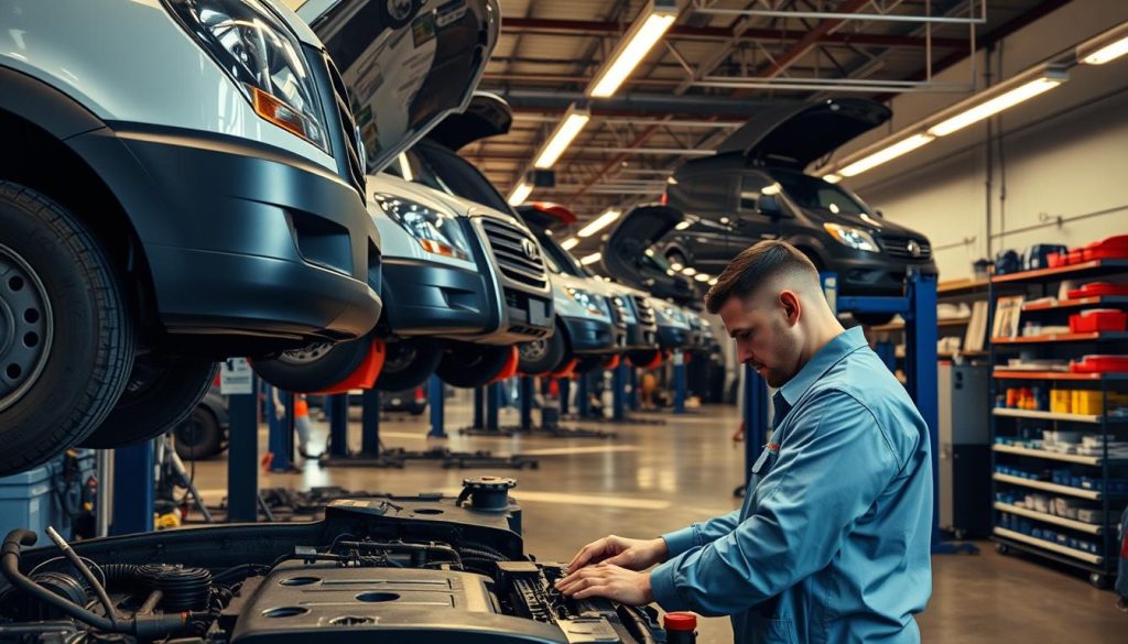 A well-lit workshop with a fleet of commercial vehicles undergoing meticulous preventive maintenance. In the foreground, a mechanic in a clean uniform carefully inspects the engine of a van, surrounded by an array of specialized tools. The middle ground features several other vehicles raised on lifts, with technicians diligently performing routine checks and services. The background showcases a clean, organized workspace with shelves stocked with genuine parts and supplies, conveying a sense of efficiency and attention to detail. Warm, directional lighting casts subtle shadows, highlighting the precision and care taken in maintaining the fleet to keep San Antonio businesses on the road.