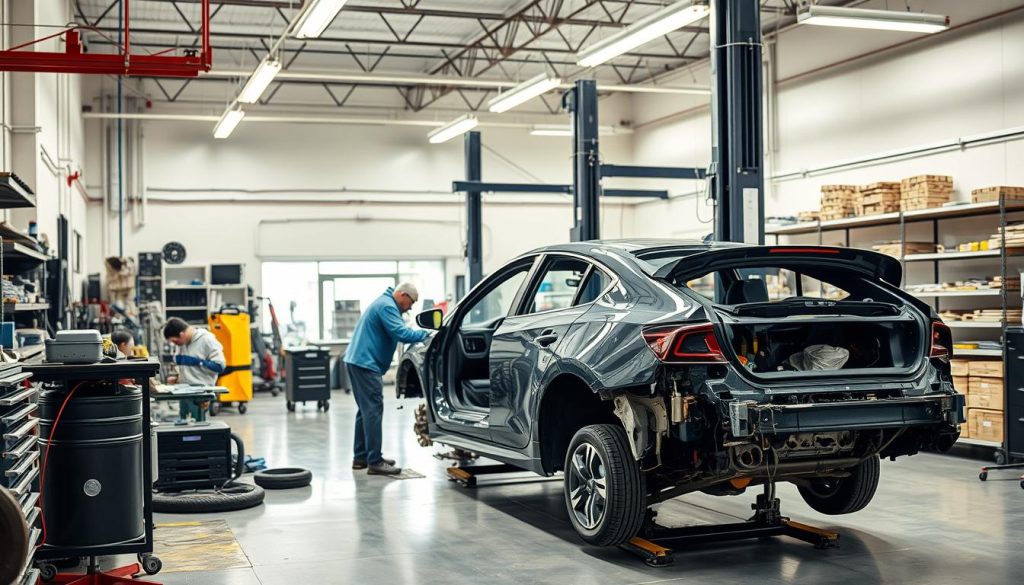 A well-lit workshop with a variety of automotive repair tools and equipment, including car lifts, welding stations, and paint booths. In the foreground, a partially disassembled car is undergoing a collision repair, with technicians carefully inspecting and repairing the damaged areas. The middle ground showcases a range of bodywork services, from dent removal to custom painting. The background features shelves of replacement parts and a clean, organized workspace, conveying a sense of professionalism and attention to detail. The overall atmosphere is one of efficiency, precision, and a commitment to restoring the vehicle to its original safety and appearance.