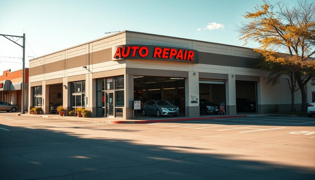 A well-maintained auto repair shop nestled in the heart of San Antonio, featuring a spacious front facade with large windows, a neatly organized parking lot, and a modern, inviting signage prominently displaying the business name. The building's exterior exudes a sense of professionalism and attention to detail, with a clean, neutral color palette that complements the surrounding urban landscape. Sunlight filters through the windows, casting warm, natural lighting on the scene, creating an atmosphere of reliability and trustworthiness. The overall composition suggests a welcoming and efficient establishment, ready to cater to the automotive needs of the local community.