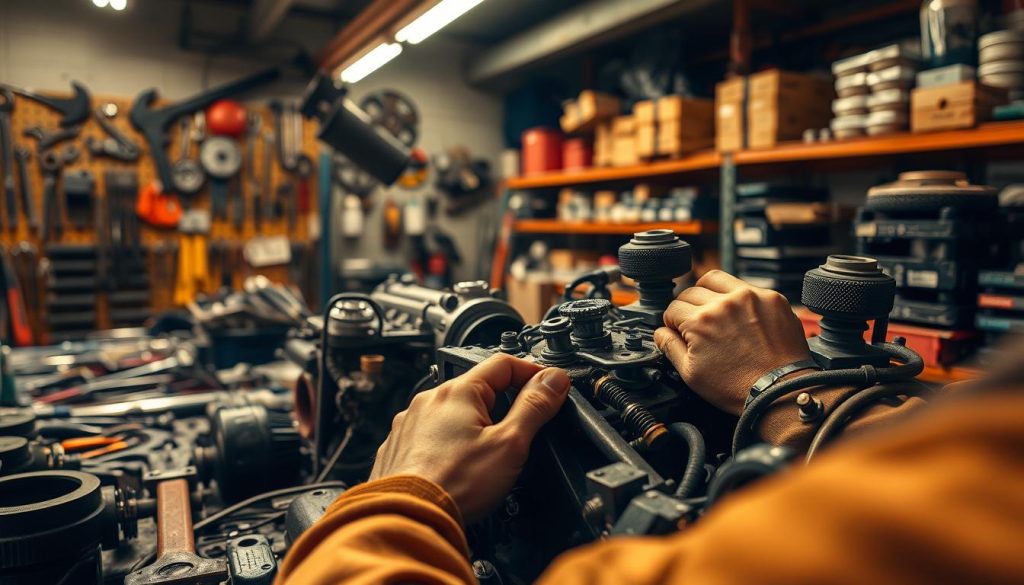 A workshop filled with tools and spare parts, warm lighting illuminates a detailed scene of ongoing repair. In the foreground, a skilled mechanic's hands diligently work on an engine, surrounded by an array of wrenches, screwdrivers, and other implements. The mid-ground showcases various components ready for installation, while the background reveals shelves stocked with neatly organized inventory, hinting at the breadth of resources available to ensure a seamless repair process. The overall atmosphere conveys a sense of expertise, efficiency, and the satisfaction of restoring functionality.