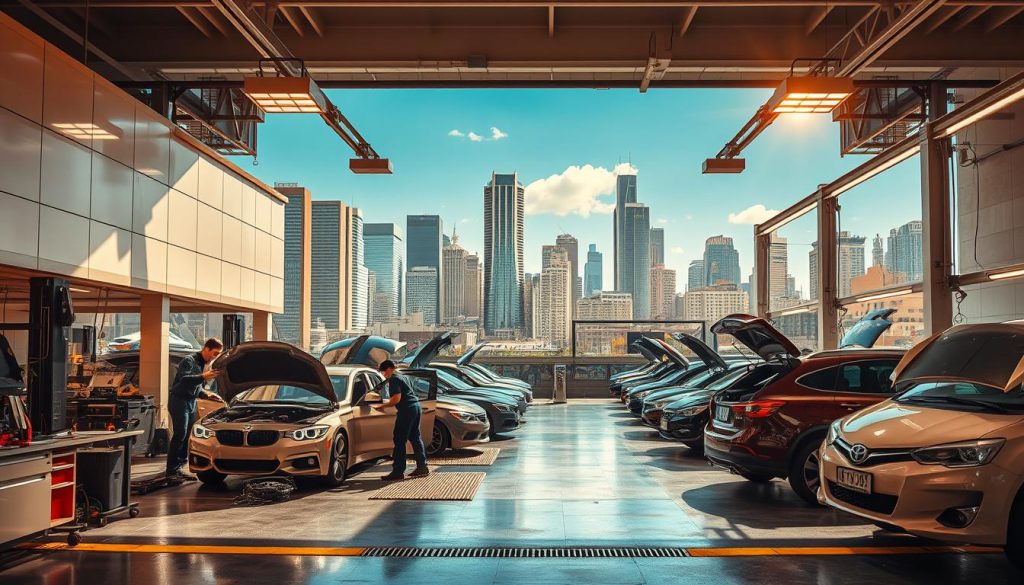 An auto body shop situated in a vibrant urban setting, with a well-lit, modern exterior showcasing a range of vehicles undergoing professional repairs and painting services. The foreground features a team of skilled technicians meticulously working on a car, surrounded by an array of tools and equipment. The middle ground showcases a range of vehicles in various stages of the repair process, while the background depicts the bustling cityscape, with towering buildings and a clear, blue sky overhead. The lighting is a combination of warm, natural sunlight and strategically placed, high-intensity lamps, creating a sense of energy and efficiency. The overall atmosphere conveys a sense of expertise, attention to detail, and a commitment to providing exceptional auto body and paint services.