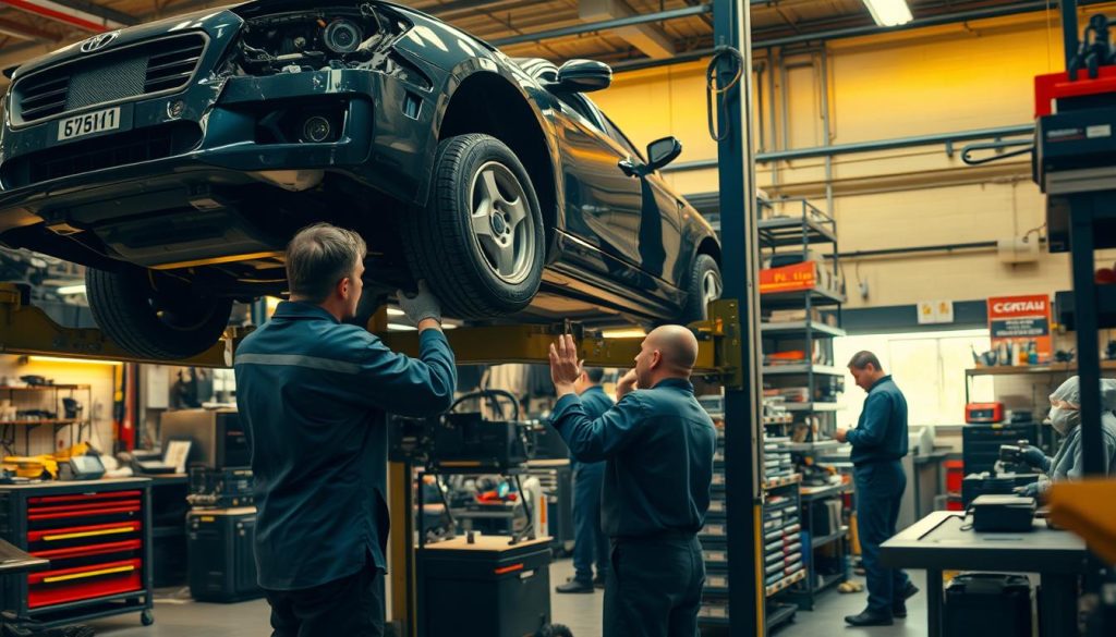 Detailed workshop scene showcasing the repair workflow for a car. In the foreground, a mechanic inspects the damaged vehicle on a lift, examining the safety systems. In the middle ground, other technicians work on disassembling, cleaning, and replacing components. In the background, the workshop is filled with specialized tools, diagnostic equipment, and parts shelves, creating a sense of a comprehensive repair process. The lighting is warm and focused, highlighting the intricate work being done. The overall mood conveys a professional, meticulous approach to restoring the vehicle's safety features.