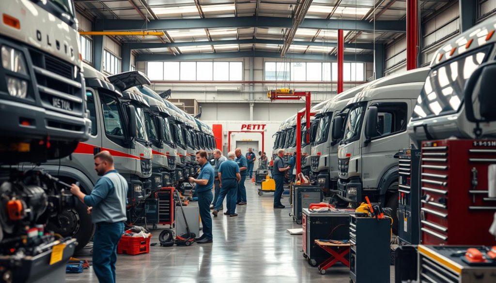 Maintenance services, a vibrant workshop filled with the hum of machinery and the diligence of skilled technicians. In the foreground, a team of mechanics carefully inspects a fleet of vehicles, meticulously checking each component for signs of wear and tear. The middle ground showcases a diverse array of tools and equipment, neatly organized and ready for any repair task. In the background, the workshop's well-lit interior creates a sense of order and efficiency, with large windows allowing natural light to flood the space. The atmosphere is one of focused attention, where every detail is meticulously examined to ensure the fleet's ongoing reliability and performance.