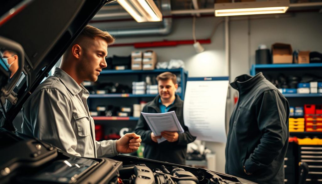 A brightly lit auto repair shop with a mechanic in the foreground, examining a car's engine with a focused expression. In the middle ground, a customer is discussing repair options with the mechanic, gesturing towards a list of recommended services. The background features orderly shelves of spare parts and tools, conveying a sense of efficiency and expertise. Warm lighting from overhead fixtures creates a welcoming atmosphere, while the precise positioning of the figures and objects suggests a thoughtful, problem-solving approach to the repair process.