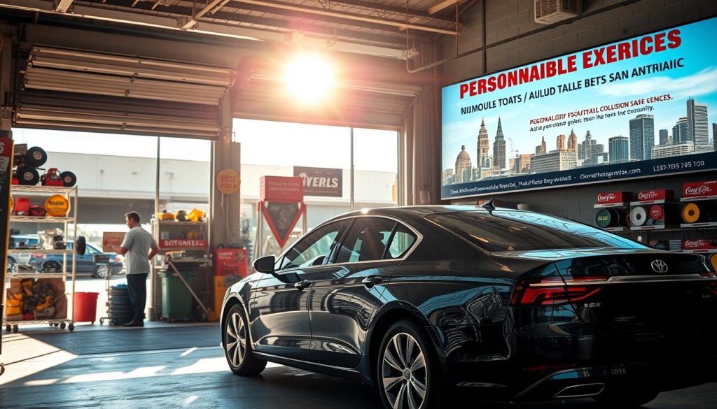 A bustling auto body shop in San Antonio, the sunlight streaming through the open garage doors, illuminating the colorful array of discounted parts and tools on display. In the foreground, a sleek sedan parked, awaiting repairs, its dented fender and cracked windshield a testament to the season's hazards. Mechanics in crisp uniforms bustle about, offering personalized solutions and seasonal discounts to drivers. In the background, an oversized billboard showcases the shop's expertise and the unique deals tailored for the local community, set against a backdrop of the city's iconic landmarks. The scene exudes a sense of efficiency, care, and a commitment to providing San Antonio drivers with the best possible collision repair experience. A bustling auto body shop in San Antonio, the sunlight streaming through the open garage doors, illuminating the colorful array of discounted parts and tools on display. In the foreground, a sleek sedan parked, awaiting repairs, its dented fender and cracked windshield a testament to the season's hazards. Mechanics in crisp uniforms bustle about, offering personalized solutions and seasonal discounts to drivers. In the background, an oversized billboard showcases the shop's expertise and the unique deals tailored for the local community, set against a backdrop of the city's iconic landmarks. The scene exudes a sense of efficiency, care, and a commitment to providing San Antonio drivers with the best possible collision repair experience.