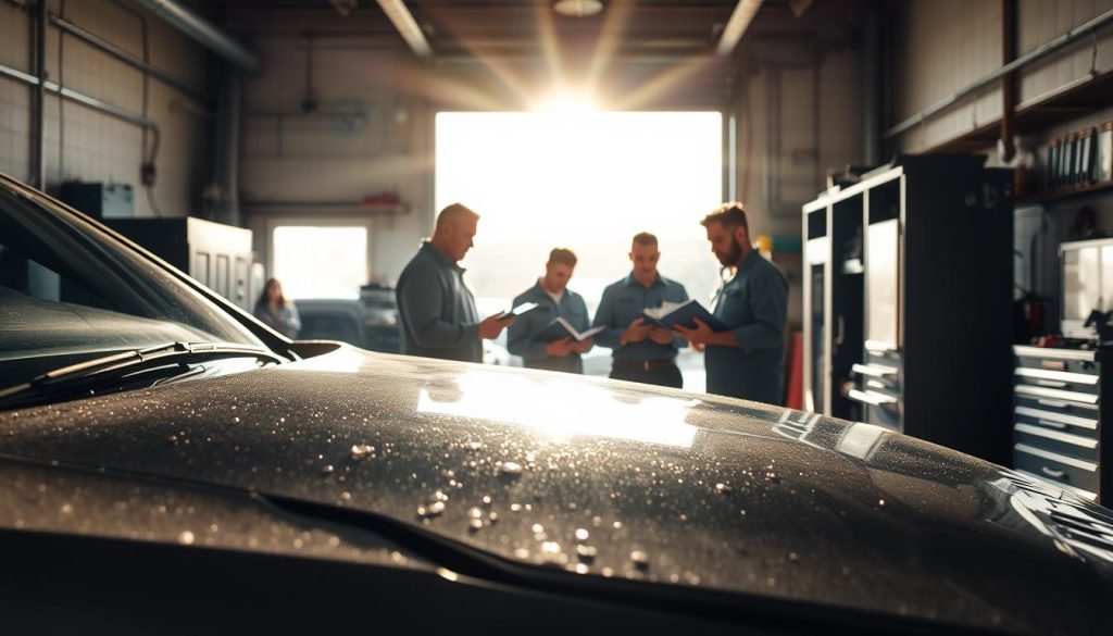 A bustling auto repair shop in San Antonio, sunlight streaming through the open garage doors, illuminating a team of skilled technicians meticulously inspecting a vehicle with hail damage. The foreground features a partially dented car hood, its surface pockmarked by the impact of frozen precipitation. In the middle ground, mechanics carefully assess the extent of the damage, consulting repair manuals and exchanging technical insights. The background showcases the shop's modern equipment and tools, conveying an atmosphere of professionalism and efficiency. The overall scene exudes a sense of trust and reliability, reflecting the section's title, "Hail damage repair San Antonio: fast, professional service you can trust."