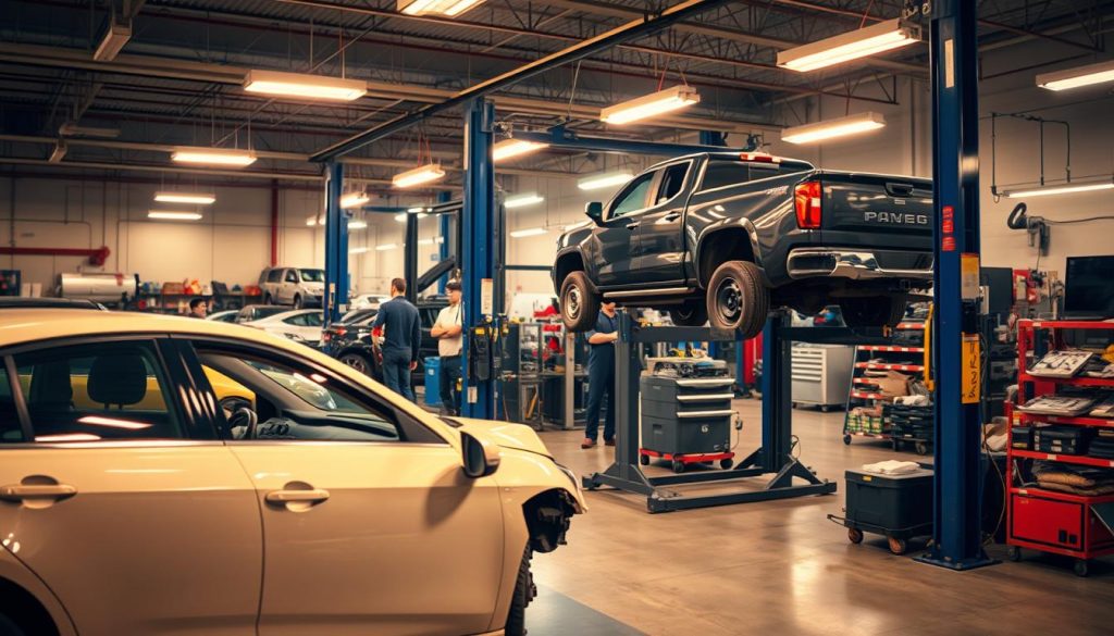 A bustling auto repair shop, well-lit and organized, with technicians working diligently on various vehicles. In the foreground, a sedan undergoing collision repair, its panels carefully aligned and the paint freshly applied. In the middle ground, a hoist lifts a pickup truck, its underbody being inspected for damage. In the background, diagnostic equipment and a parts storage area, conveying the comprehensive nature of the services offered. The atmosphere is one of professionalism and attention to detail, with the warm glow of overhead lighting creating a welcoming ambiance.