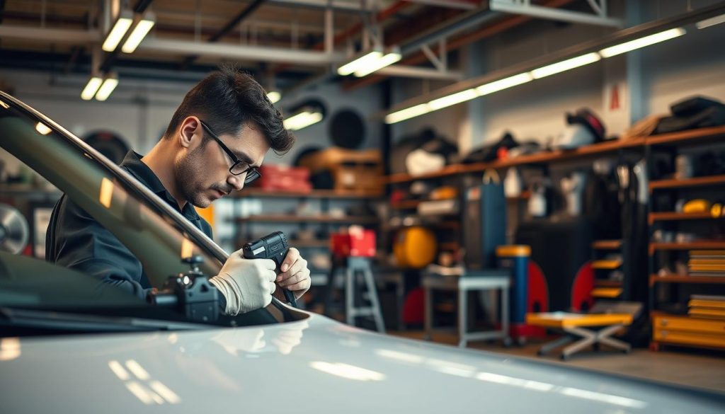 A bustling auto shop in San Antonio, with a well-lit, modern interior. In the foreground, a skilled technician carefully examines a dented car panel, using specialized tools to assess the damage. The middle ground features various dent repair equipment, including paintless dent removal tools and a workshop area with workbenches. In the background, shelves display an array of automotive parts, conveying the comprehensive nature of the service offered. The scene is bathed in warm, diffused lighting, creating a professional and inviting atmosphere. The overall composition emphasizes the expertise and care taken in providing high-quality dent repair solutions to customers in San Antonio.