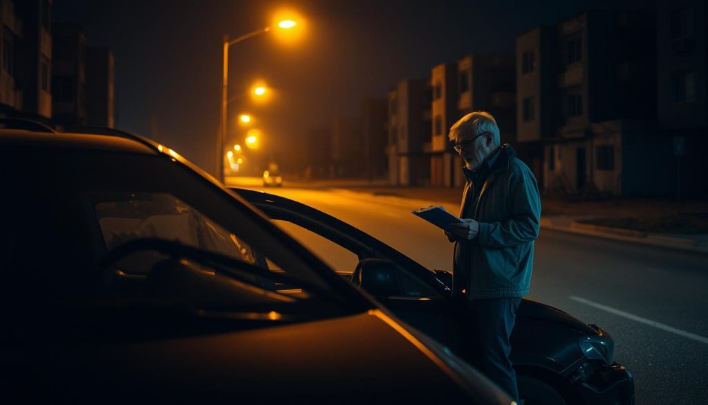 A car accident scene at night, dimly lit by streetlights. In the foreground, a wrecked vehicle with broken glass and dented panels. The driver, a concerned person, stands next to the car, surveying the damage and making notes on a clipboard. The background depicts a deserted urban street with abandoned buildings, adding a sense of isolation and the need to self-protect one's interests after the crash. The lighting is moody and dramatic, casting shadows and highlights that emphasize the importance of documenting the scene for insurance and legal purposes.